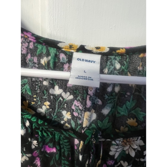 Old Navy Womens Floral Tie Neck Long Sleeve Rayon Blouse Black Purple Yellow L - Picture 3 of 6
